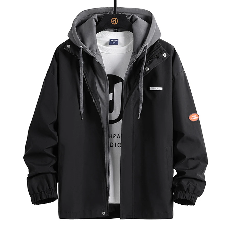 

Varsity Jacket Men Fashion Fake Two-piece Jacket Coat Casual Loose Hooded Jacket Male
