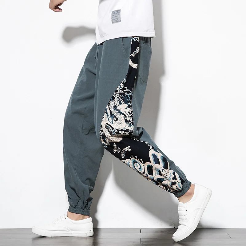 

autumn Spring and men's Cotton hemp Hougong Pants Plus Size 4XL 5XL Black / red side dragon printing retro jogging pants
