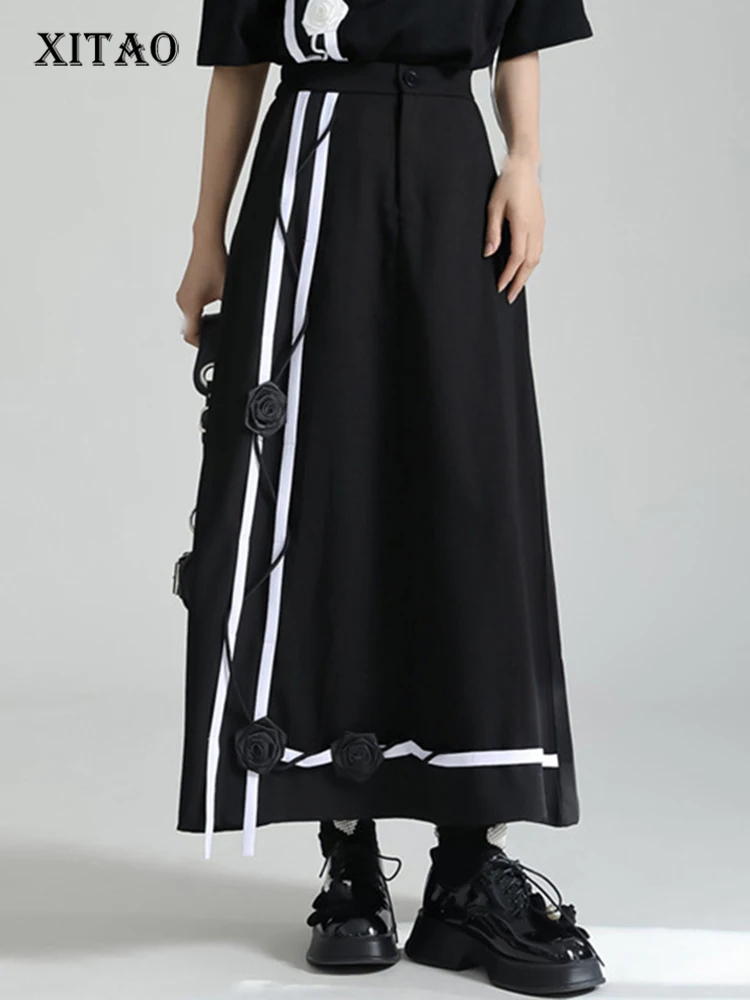 

XITAO Black Casual Skirt Fashion Three-dimensional Flower Splicing Decoration A-line Skirt Summer New Temperament Women DMJ1061