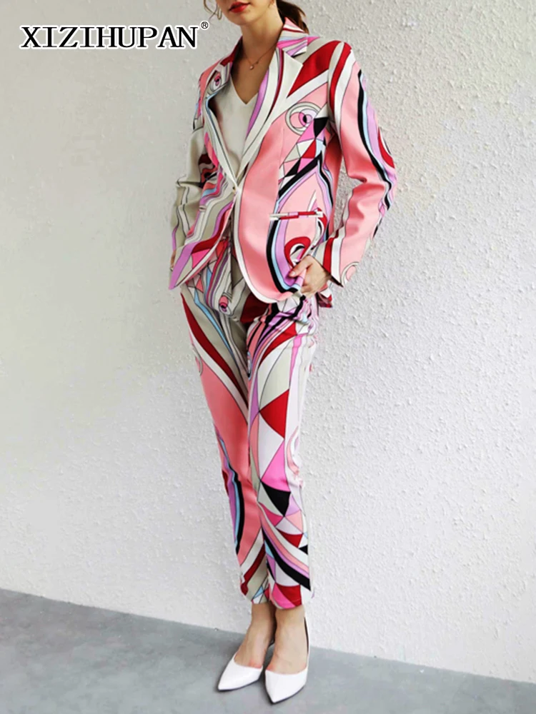 

XIZIHUPAN Colorblock Women's Suit Lapel Collar Long Sleeve Coat High Waist Loose Trousers For Female Two Piece Sets 2022 Autumn