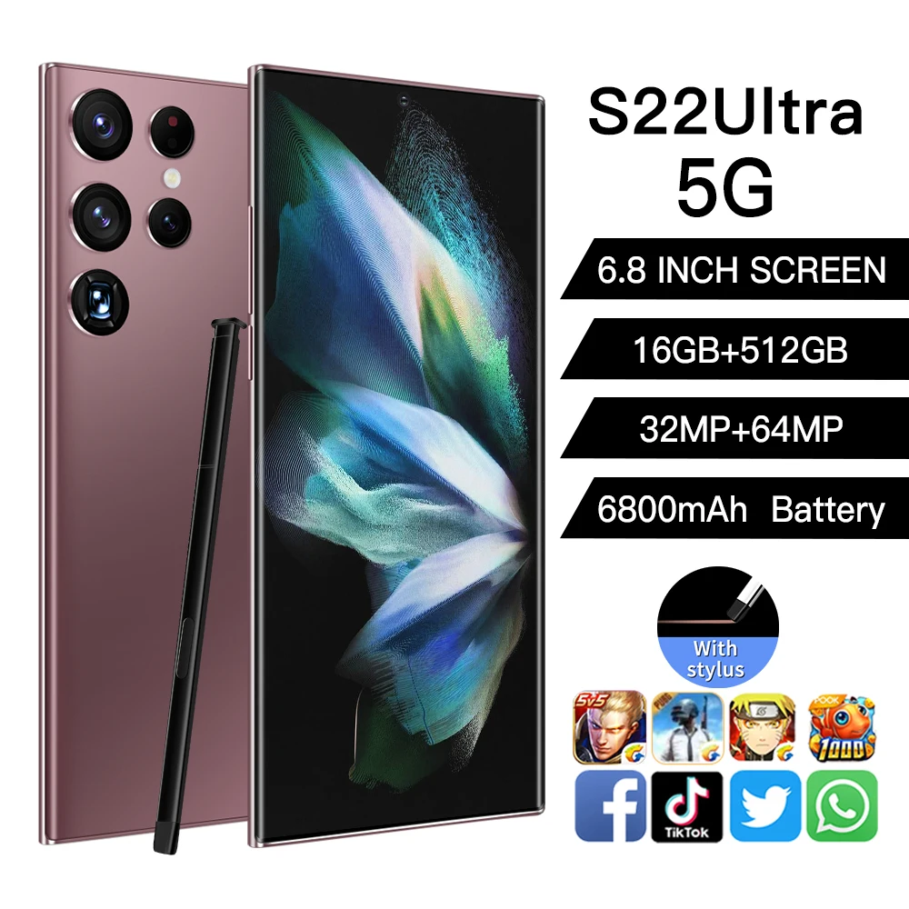 new smartphone s22 ultra 5g 6 8 inch mobile phone 16g512g deca core android 12 celular 3264mp 6800mah unlock global cellphones free global shipping
