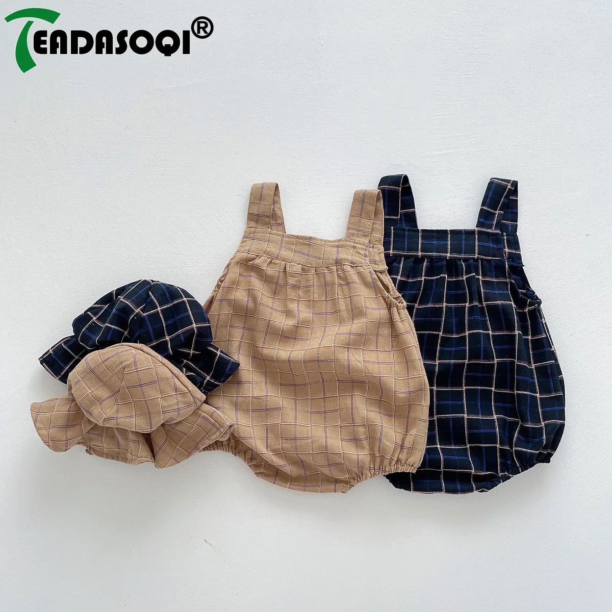 

2023 Summer Babay Comfy Outdoor Wear Collection: Sling Plaid Cotton Bodysuits+Fisherman Hat Set for Infant Newborn Girls Boys