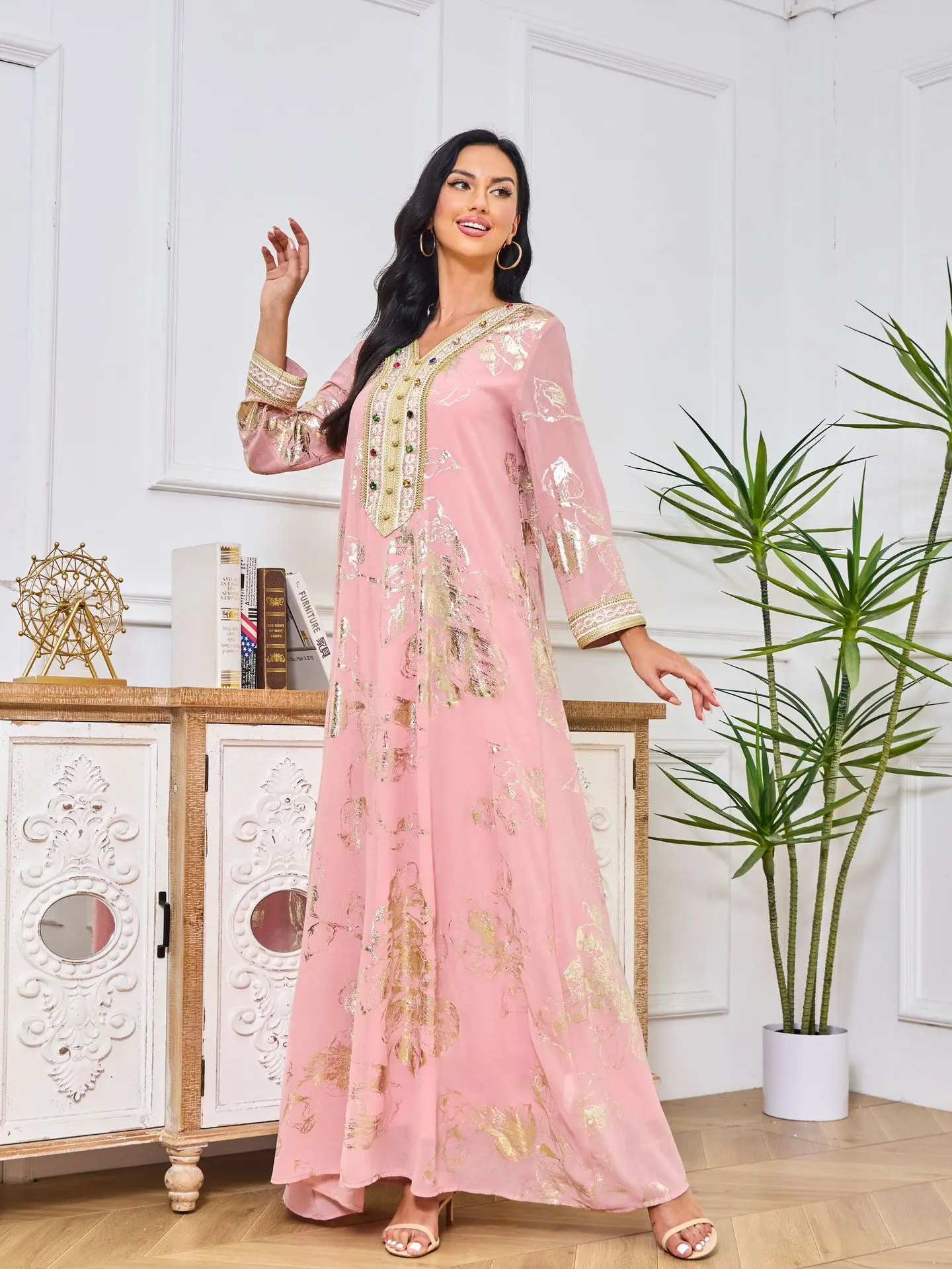 Женское платье с принтом Дубай Abaya розовое бронзовым украшенное стразами