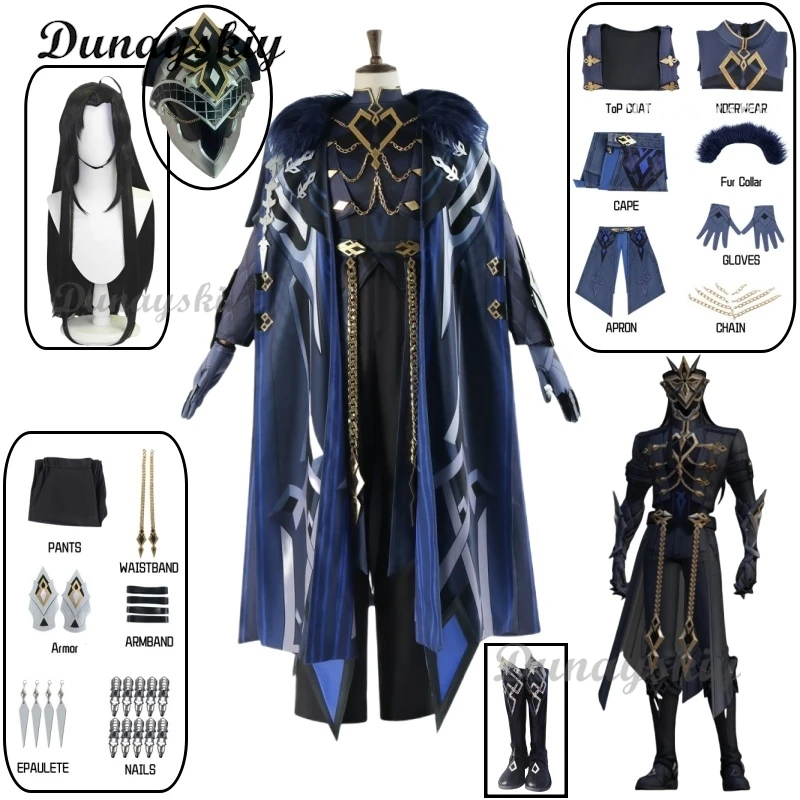Одиннадцать Fatui Harbingers The Captain Capitano Cospaly Костюм Парик Genshin Impact Face Shield Плащ Черная