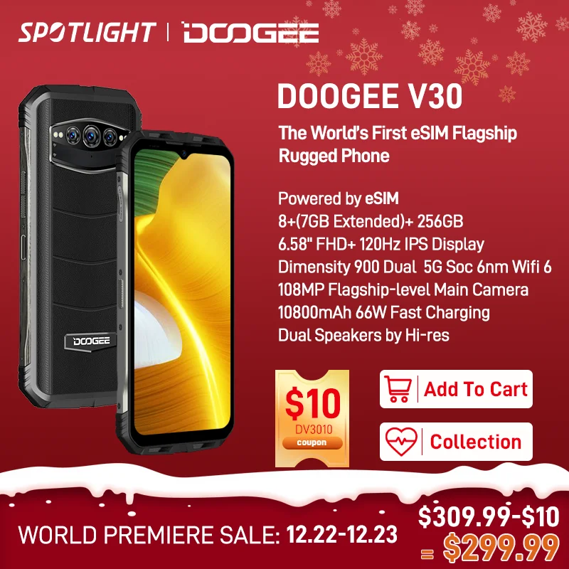  DOOGEE V30 eSIM Dual Speakers 5G Rugged Phone 8+256GB Dimensity 900 Wifi 6 Soc 6nm 6.58\"FHD 120Hz Display 108MP Camera 10800mAh 