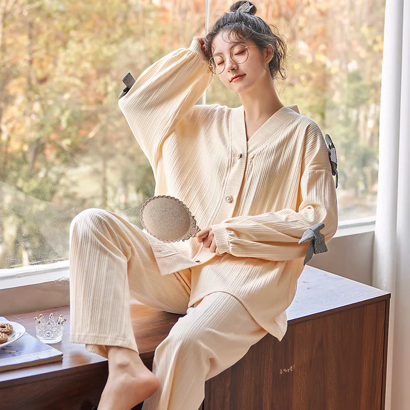 Large Size Sleepwear New Spring Autumn Women's Long-Sleeved Trousers Set Cotton Cardigan Pajamas Students Cute Home Clothes 3XL