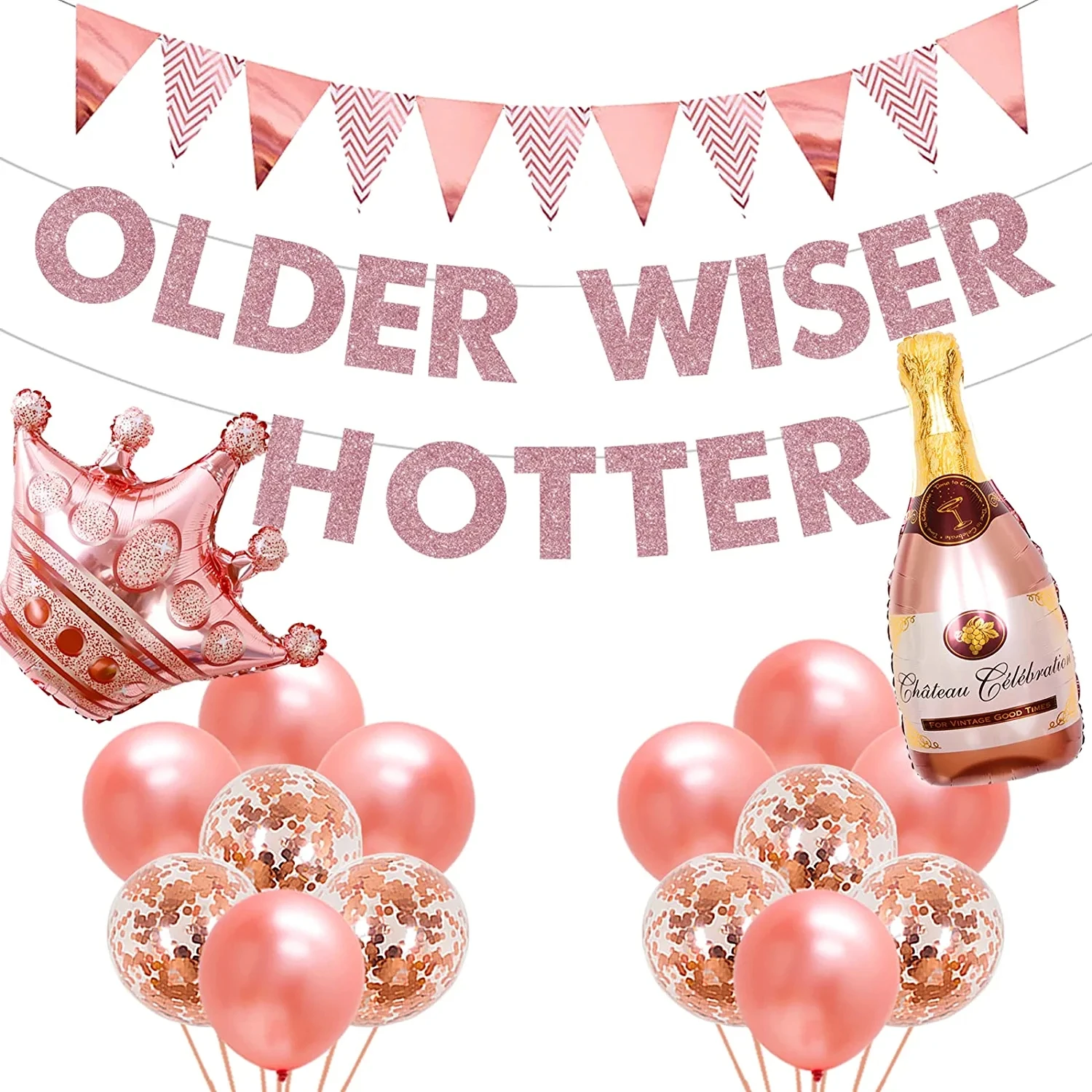 

Older Wiser Hotter Birthday Decorations Rose Gold Funny Banner Triangle Garland Champagne Confetti Balloons Birthday Party Decor