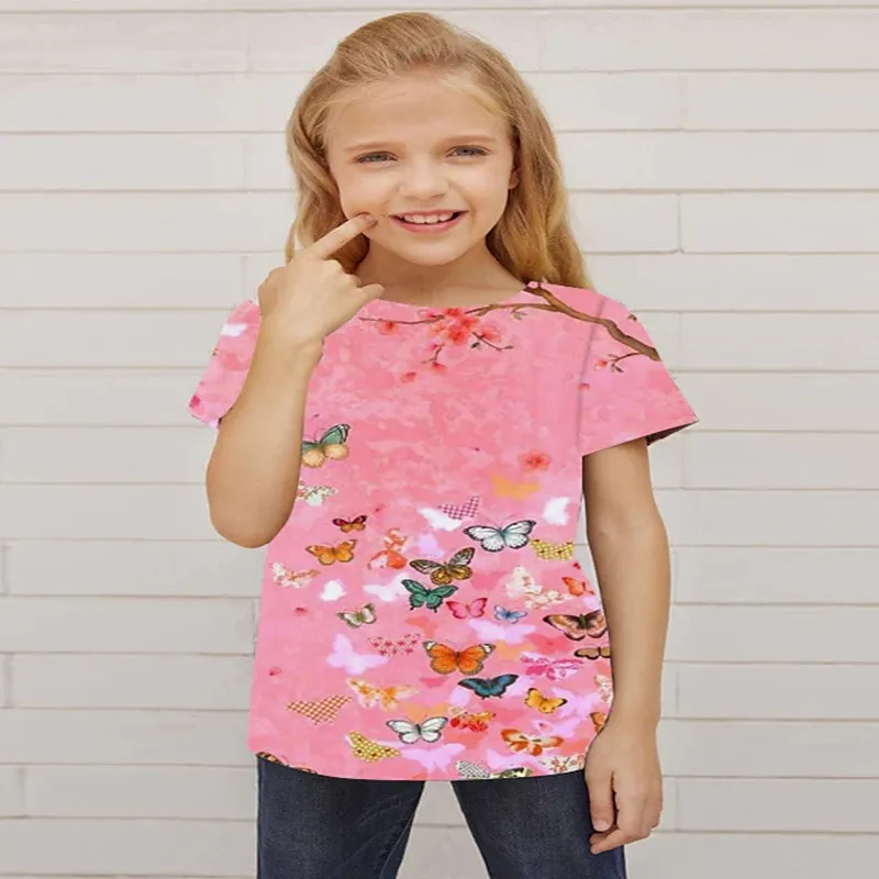 

2022 Verano Nueva camiseta para niñas Manga corta Estampado 3D Mariposa Animal Cuello redondo Lindos niños Top Primavera Verano