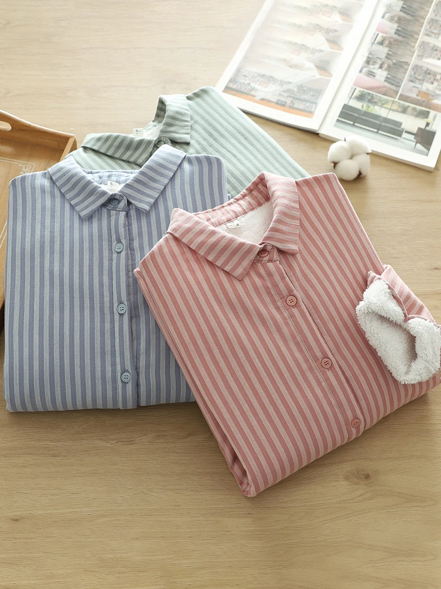 Заказы экспортируемые в Японию рубашки полоску на флисовой подкладке женские