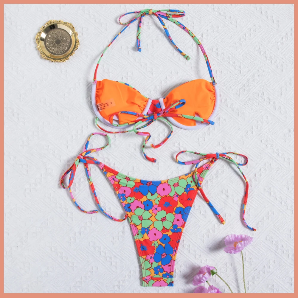 

Летний женский сексуальный комплект бикини, стильный купальник с цветочным принтом, Раздельный купальник на шнуровке, мягкий пляжный купал...