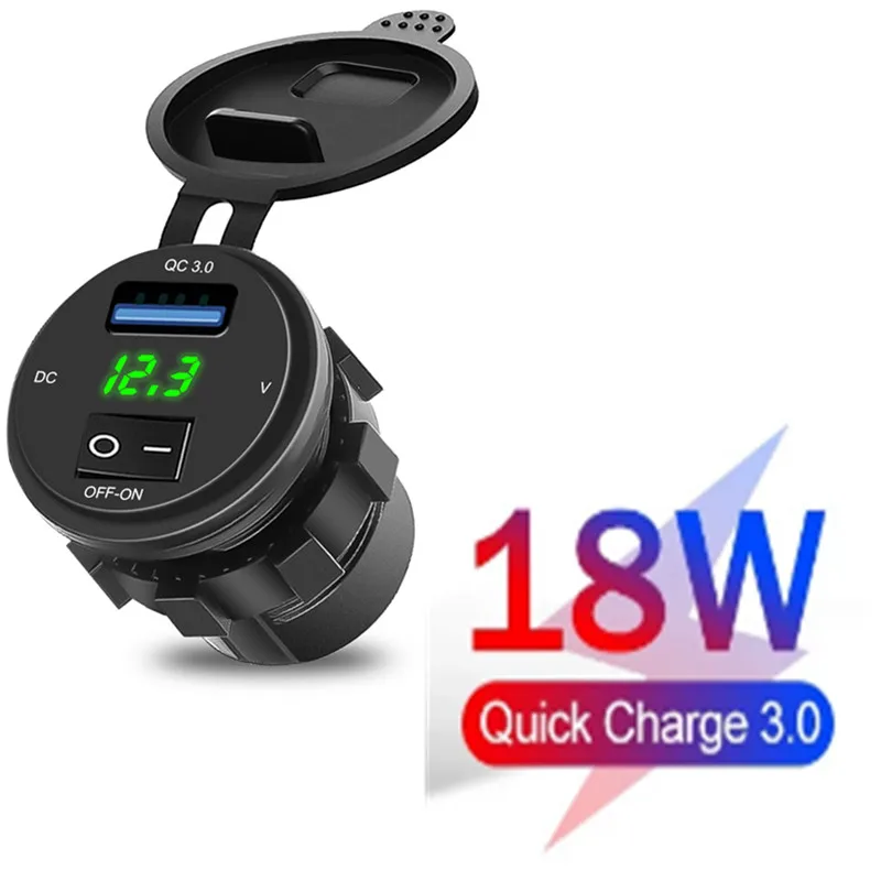 

KEBIDU Quick Charge 3.0 USB Car Charger Socket Digital Display Voltmeter USB Charger Socket with ON-OFF Switch for Motorcycle
