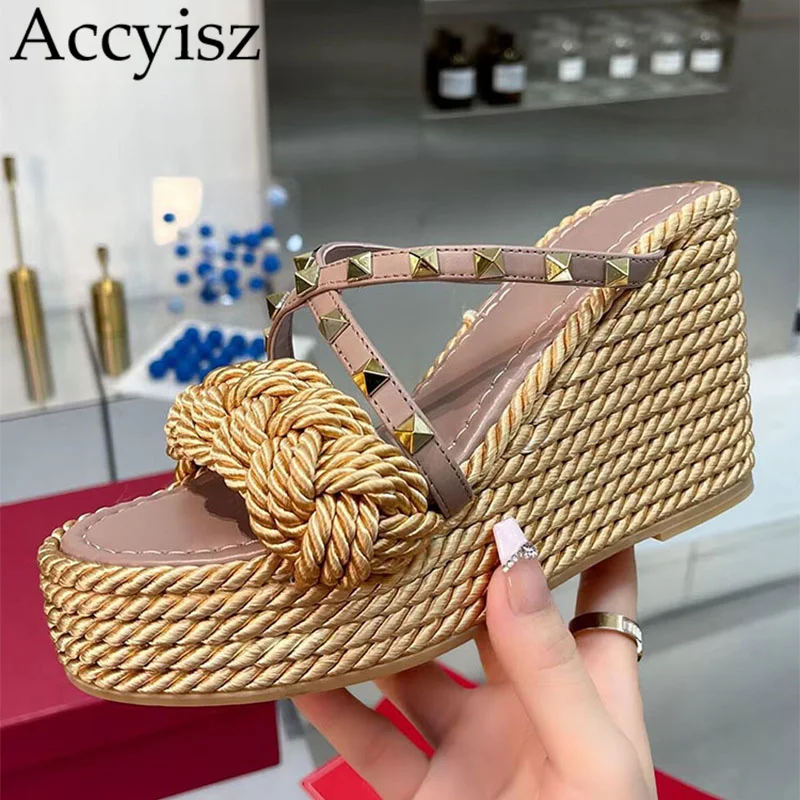 

Hemp Weave Thick Sole Wedge Sandals Platform Slippers Women Spring Solid Color Round Toe Comfort Walking Shoes Party Beach Mules
