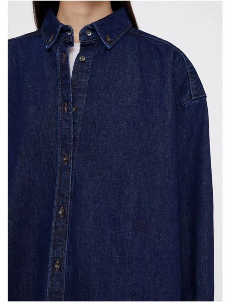 Women Loose Denim Shirt Jacket 100% Cotton 2022 Autumn and Winter New Dark Blue Mid-length