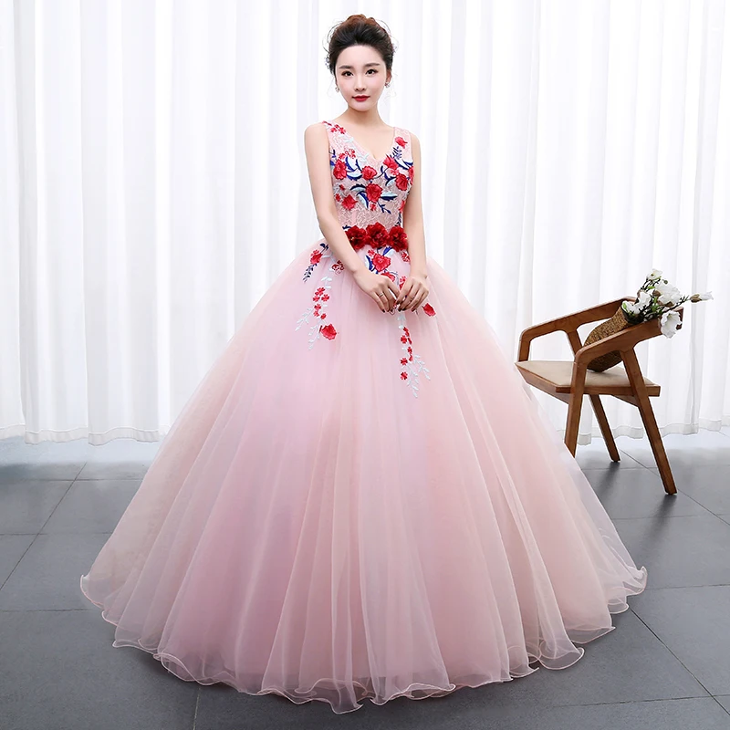 

Flowers Quinceanera Dresses Sweet Pink Tulle Long Vestido De Debutante Classic V-neck Elegant Plus Size Ball Gown Custom Made