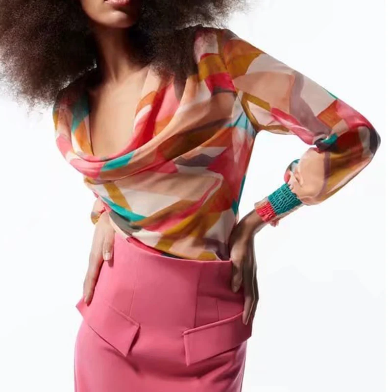 

2022 Spring Fashion Women Print Blouses Long Sleeve Chic Female Shirt All-match Tops New