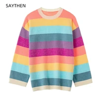 saythen 2022 autumn and winter gradient rainbow striped sweater loose womens korean style new sweet pullover outer top st22461