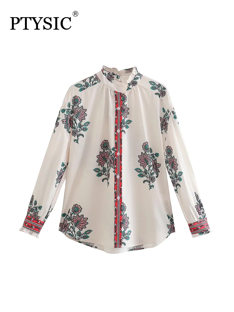 

PTYSIC Women Fashion Floral Print Shirt 2022 New Long Sleeve Breasted Vintage For Office Lady Chic Blouse Tops