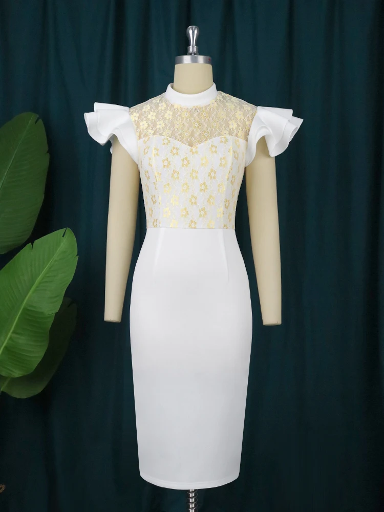 AOMEI Plus Size White Dress Ruffles Women Bodycon Gold Lace Patchwork Party Elegant Robes Christmas Evening Prom Celebrate Event