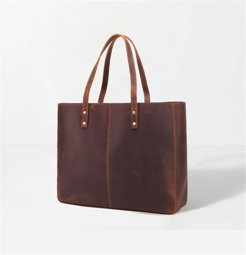 Vintage simple large capacity genuine leather unisex tote bag casual daily work men's crazy horse cowhide handbag shoulder bag