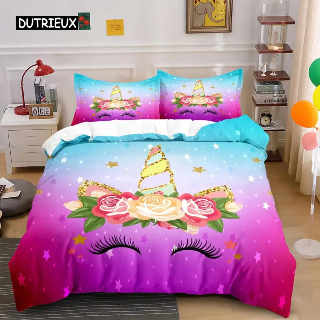 Unicorn Duvet Cover Set Cartoon Animal Galaxy Star Floral Bedding for Kids Girls Polyester Romantic Theme Comforter