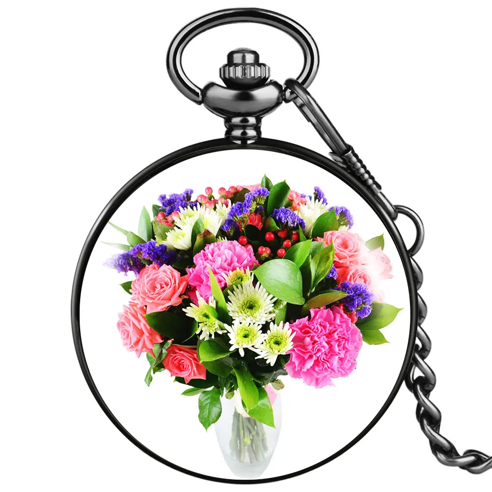 

2022 New Exquisite Bouquet Pattern Women's Quartz Pocket Watch Black Thick Chain Simple Generous Pendant Watches Unique Present