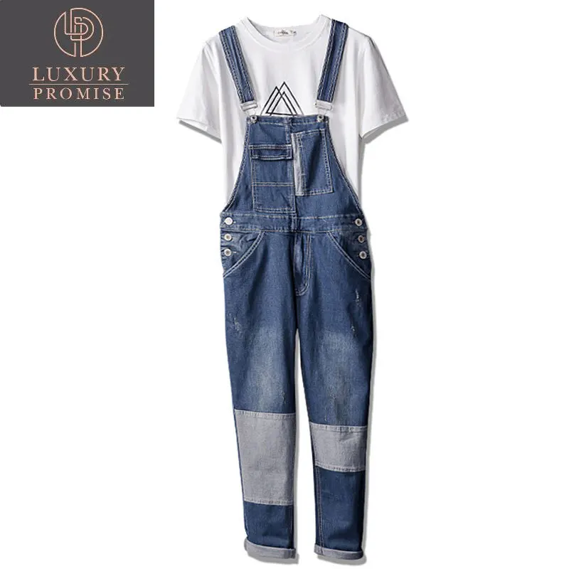 

Fahsion Man Jeans Bib Overalls Multi-Pocket Splice Style Streetwear Hip Hop Denim Jumpsuits Trousers Blue Leisure Freight Pants