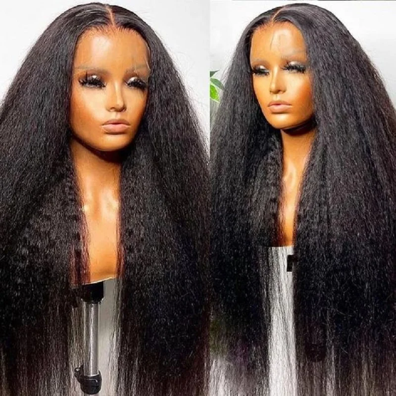 

Мягкий бесклеевой Длинный натуральный черный Yaki 26 дюймов курчавый прямой кружевной передний парик для африканских женщин с детскими волосами предварительно выщипанный