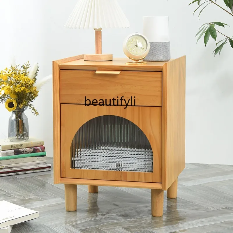 

zqSolid Wood Bedside Cabinet Japanese Style Storage Locker Chest of Drawer Small Bedroom Changhong Glass