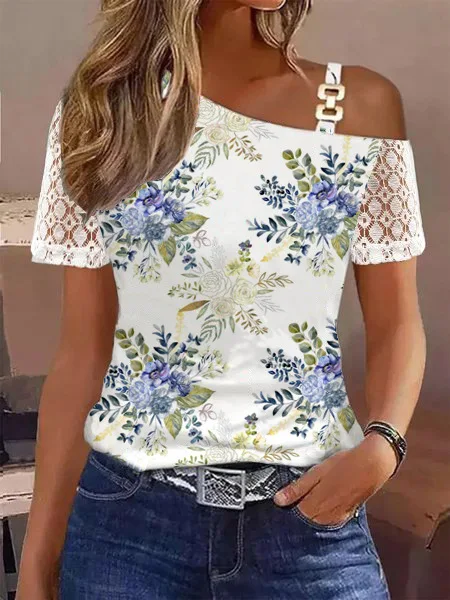 

Женские летние топы, Повседневная модная футболка, пикантные кружевные свободные рубашки с коротким рукавом и пряжкой на одно плечо, женская одежда Y2k