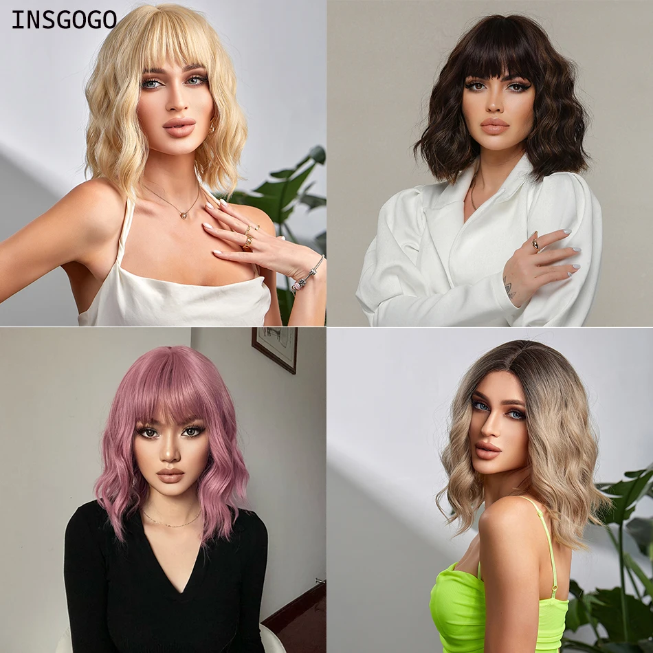 

INSGOGO короткие волнистые парики с челкой для чернокожих женщин белые красные оранжевые Омбре цвета ежедневного использования женские волосы Термостойкое волокно