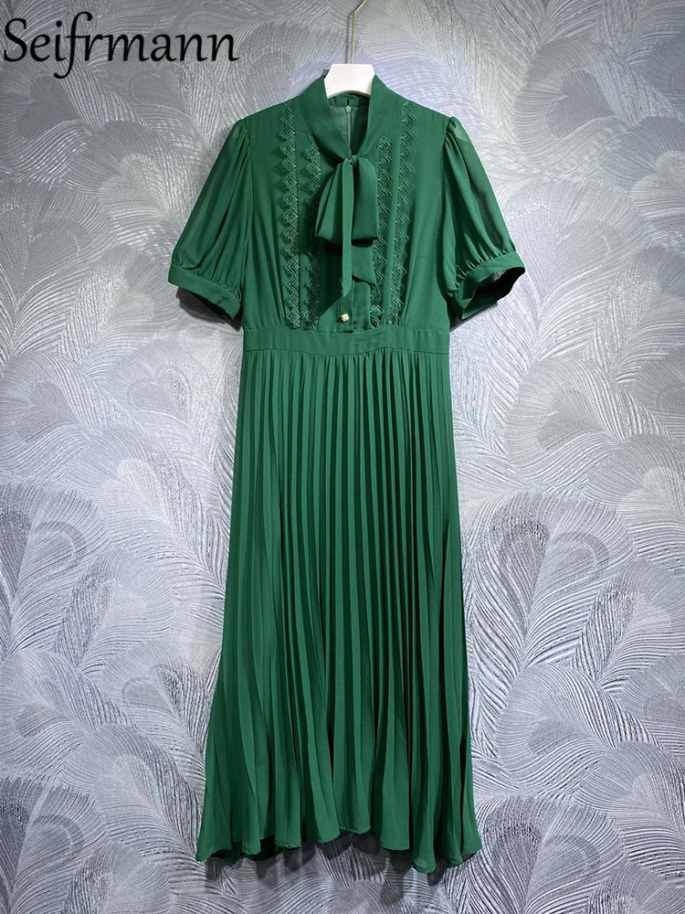 Seifrmann High Quality Summer Women Fashion Designer Green Dress Lantern Short Sleeve Lace Trim High Waist Pleated Long Dresses