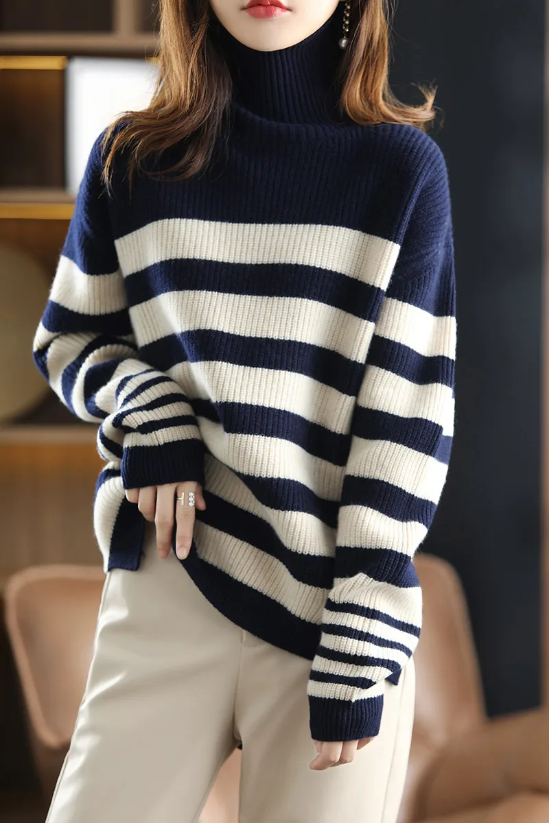 

Женский свитер в полоску, Свободный пуловер из 100%-ной шерсти в Корейском стиле, в стиле Харадзюку, большие размеры