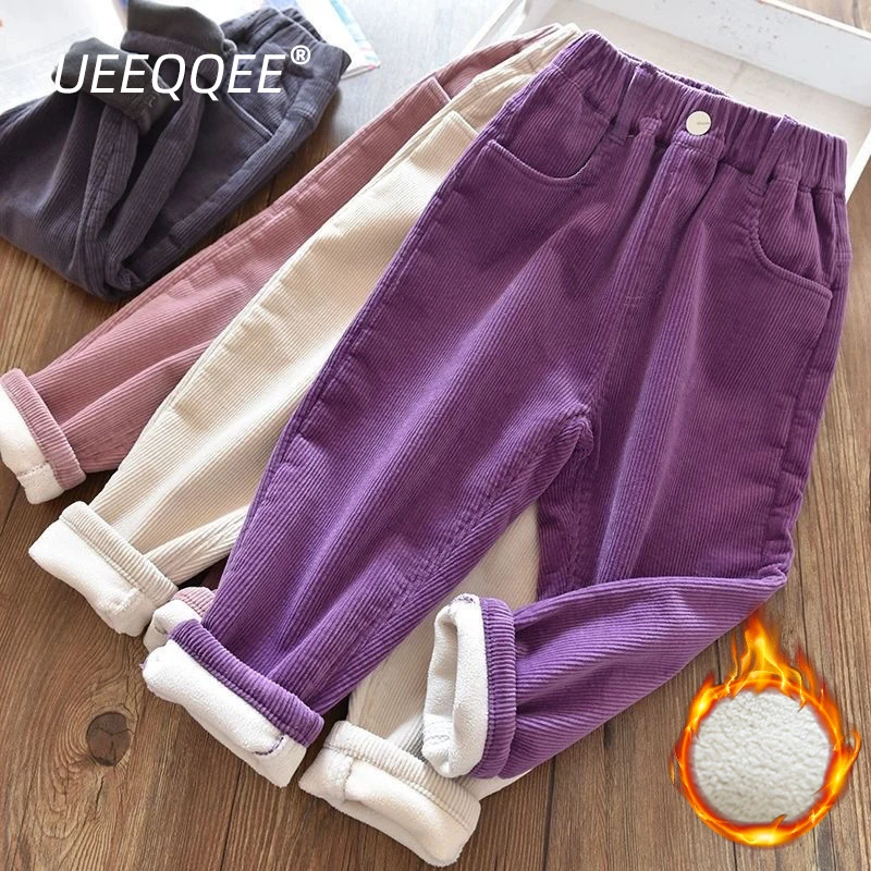 Corduroy Fleece Thick Warm Kids Pants Winter Casual Elastic Waist Little Boys Girls Long Trousers Children Outer Wear For 1-9Y