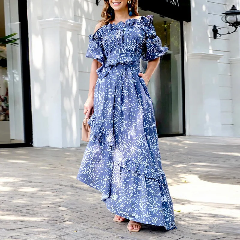 

Elegant Off Shoulder Ruffle Irregular Beach Dress New Slash Neck Puff Sleeve Long Dress Fashion Print Pleat Lace-up Party Dress