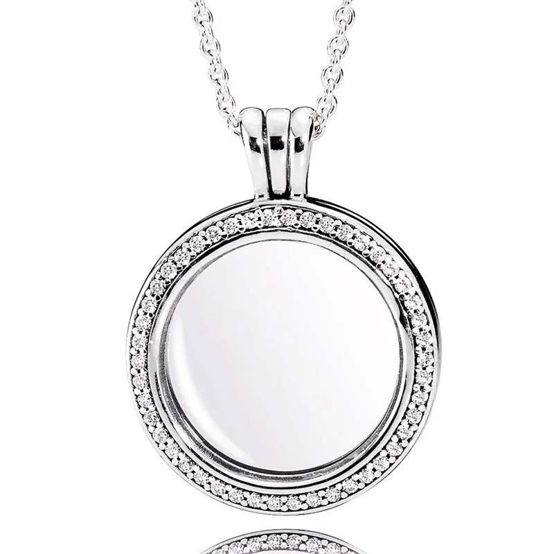 

Authentic 925 Sterling Silver Moments Round Floating Lockets Crystal Necklace For Women Bead Charm Diy Fashion Jewelry