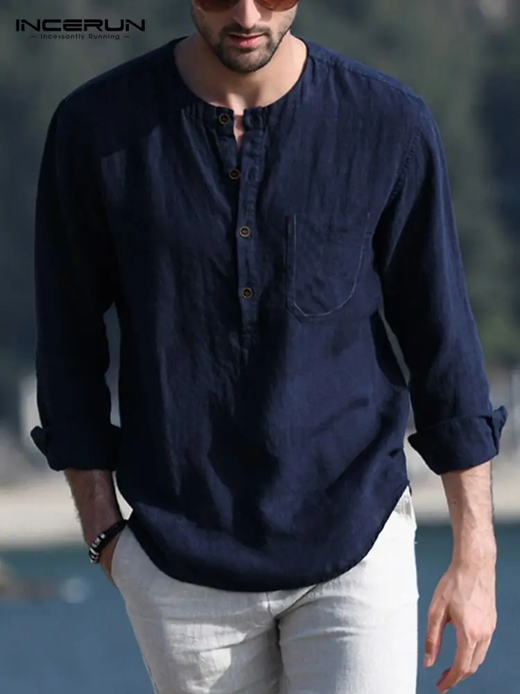 INCERUN Cotton linen Tops 2022 Men Loose Casual Streetwear Pocket Shirts Simple All-match Solid O-Neck Long Sleeve Shirts S-5XL