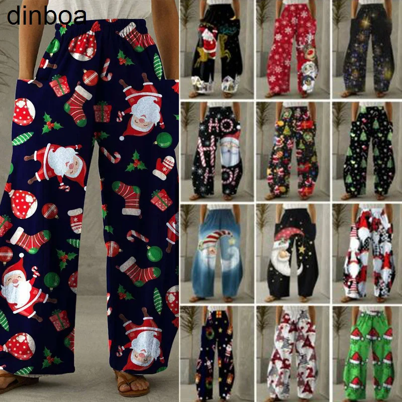 

Women Christmas Loose Pockets Casual Bottoms Trousers Wide Straight Wide Leg Pants Sweatpants High Waist Loose Bloomer 5xl