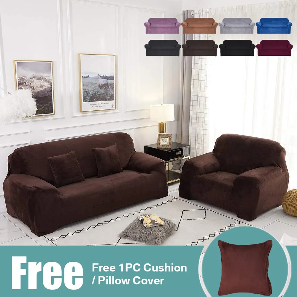 

Velvet Sofa Covers 1 2 3 4 Seater Pure Color Sofa Slipcovers Elastic Fabric Stretch Couch Protector with Free 1Pc Pillowcases