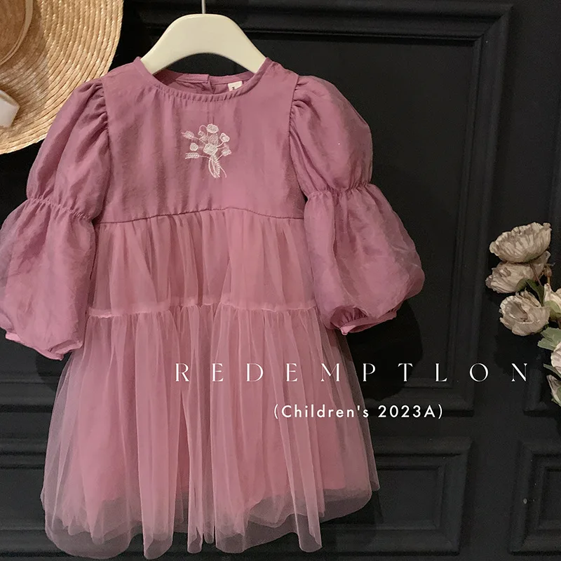 

Girls' Wear Autumn 2023 New Fashionable Children's Long Sleeve Fluffy Yarn Princess Dress