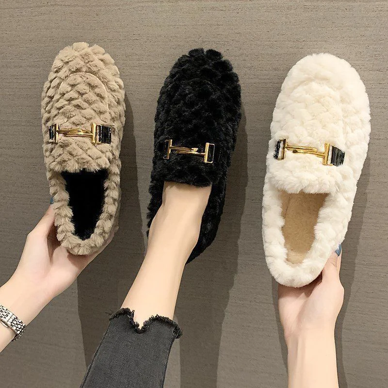 

Plush Shoes Women's Autumn And Winter Outer Wear 2022 New Velvet Cotton Shoes Flat all-Match One Pedal Peas Shoes Women