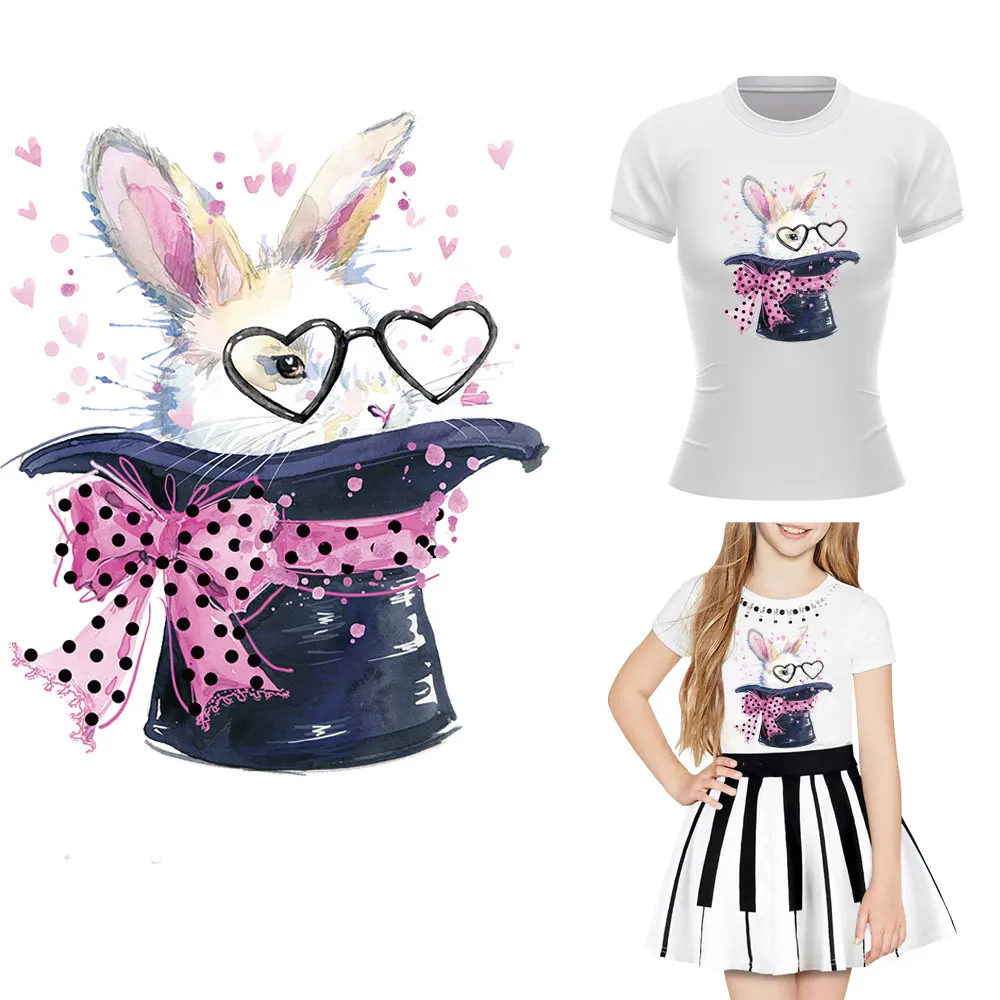 

Heat Transfer Patch T-Shirt Bags Rabbit In Hat Thermal Stickers Iron on Patches for Clothing DIY Accessory for Girls Clothes