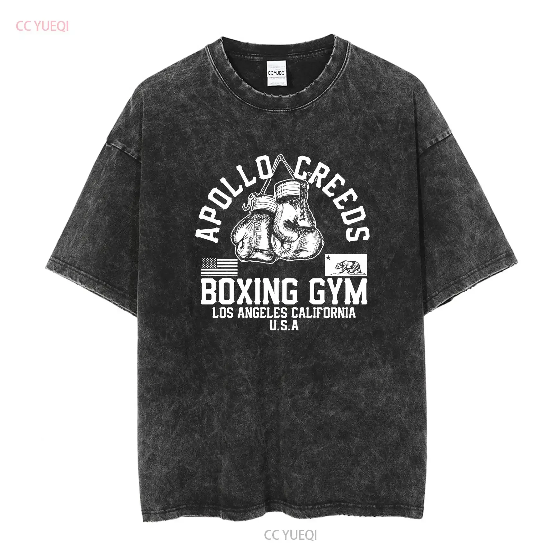 Фото Футболка Apollo Creed Boxing Gym, черная, винтажная, в стиле Cult Fightclub, с эффектом потертости, дышащая, слегка укороченная, модная, с графическим принтом №2
