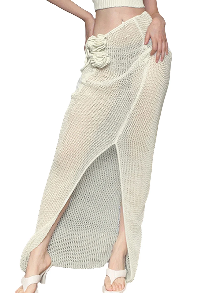

Женская трикотажная юбка с вырезами, однотонная облегающая юбка с высоким разрезом, длинная Прозрачная Юбка в повседневном стиле, лето 2023