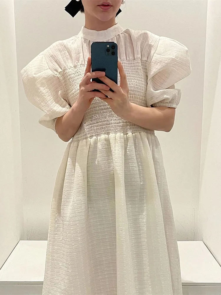 

Summer Vintage Midi Dresses for Women 2022 Korean Chic Puff Sleeve O-neck Folds Casual Party Dress Summer Vestidos Elegant
