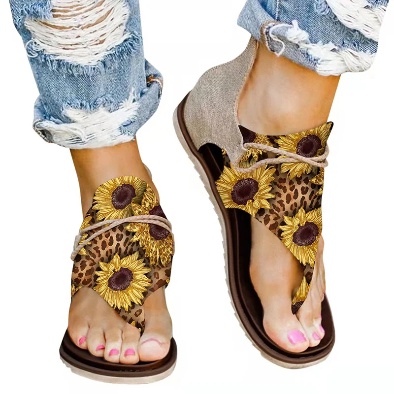 

Fashion Print Women's Sandals Summer 2022 Clip Toe Comfy Flat Heel Sandals Woman Back Zip Leopard Rome Sandalias Mujer Plus Size