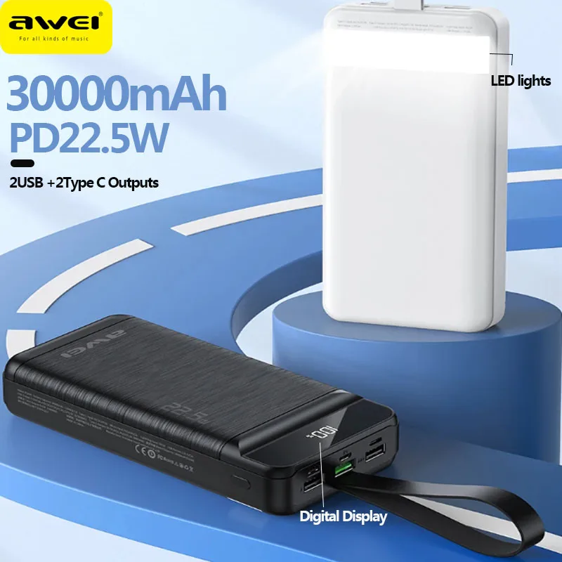 

Awei P140K Portable Power Bank 30000mAh For iOS and Android mobile phone PD 22.5W Powerbank Fast Charge External Spare Battery