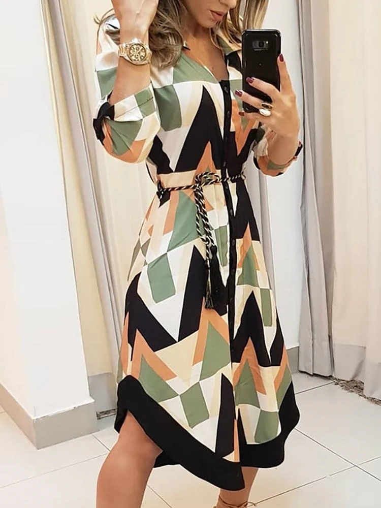 

Women Elegant Leisure Midi Shirt Party Dress Ladies Slim Fit Colorblock Geo Print Asymmetrical Casual Robes