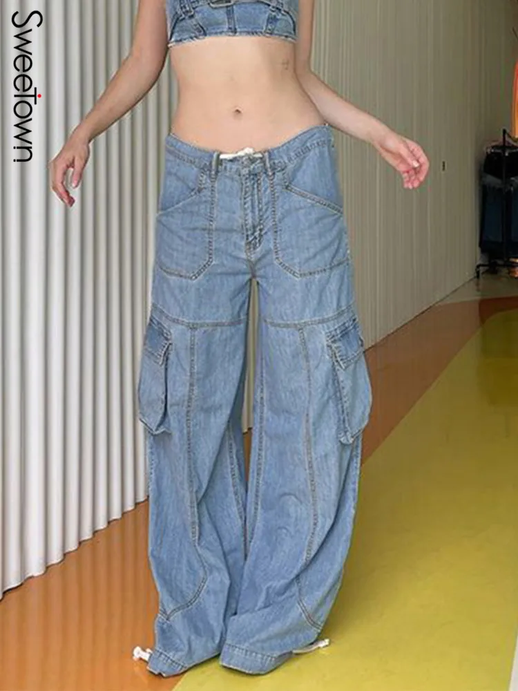 

Sweetown Stitch Pockets Cargos Drawstring Low Rise Mom Jeans Baggy Wide Leg Denim Trousers Women Korean Fashion Streetwear Pants