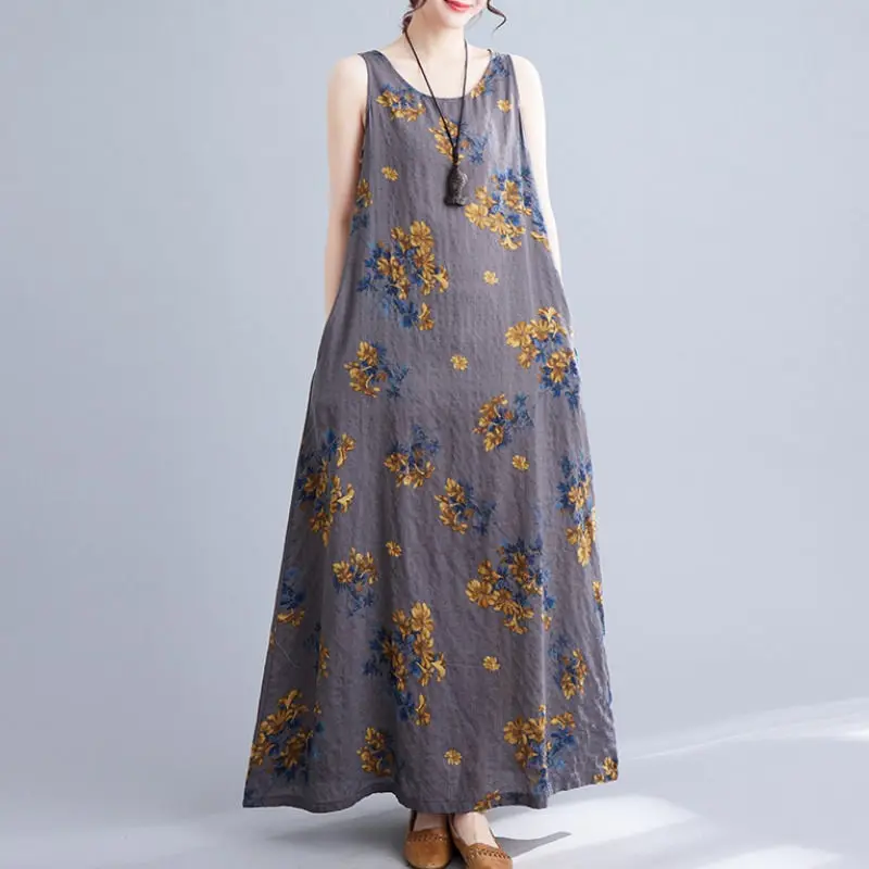 

Женское длинное платье из хлопка и льна, повседневное свободное облегающее платье большого размера с винтажным принтом, на бретелях, без рукавов, Z875, лето 2023