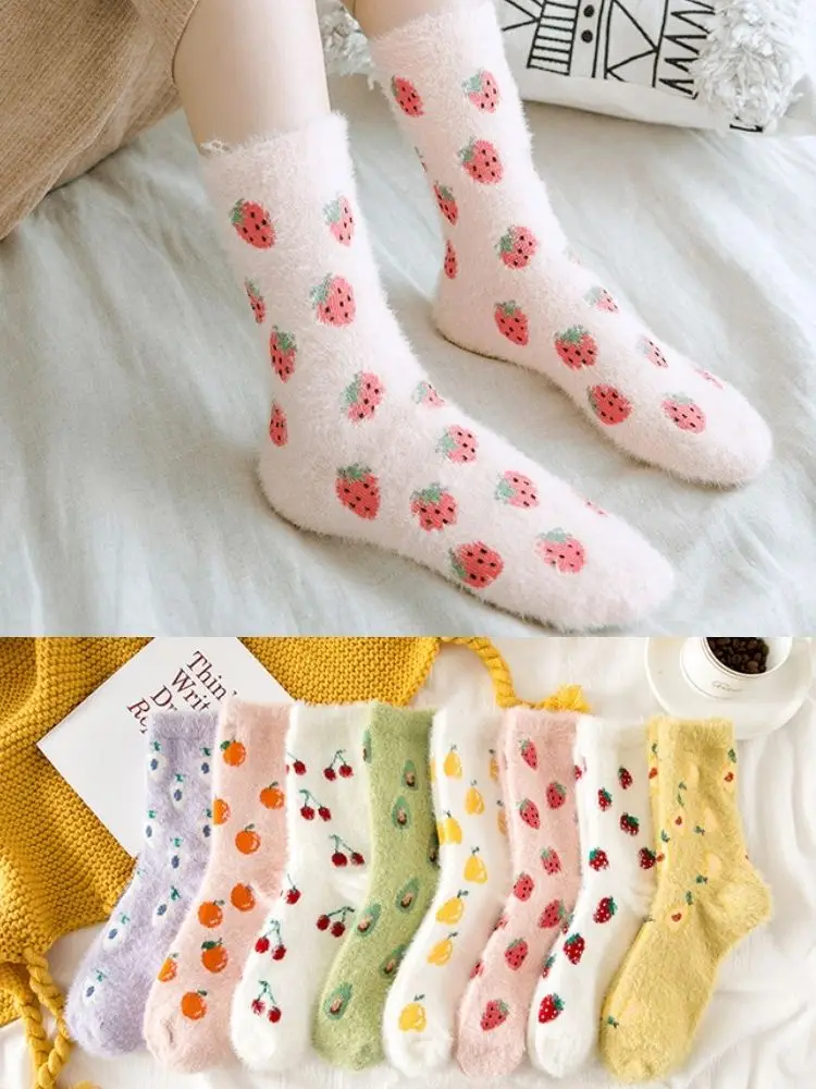 

Warm Breathable Mink Fleece Long Socks Women Middle Tube Sleep Thick Socks Women Winter Fleece Snow Fruit Pattern New Year Gift